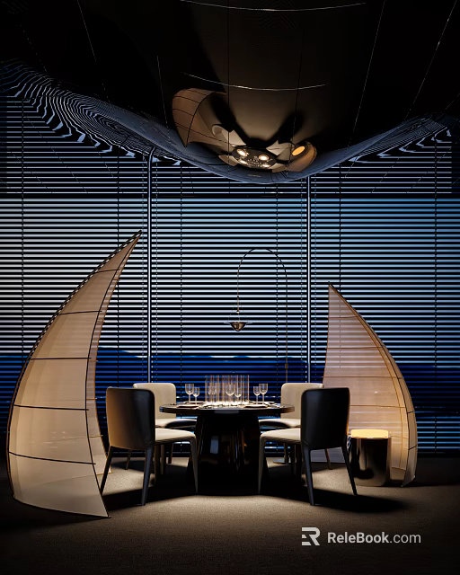 Modern Restaurant Interior With Window Blinds Dining Table Chairs Wine Glasses And Pendant Light 3d model 