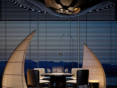 Modern Restaurant Interior With Window Blinds Dining Table Chairs Wine Glasses And Pendant Light 3d model