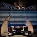 Modern Restaurant Interior With Window Blinds Dining Table Chairs Wine Glasses And Pendant Light 3d model