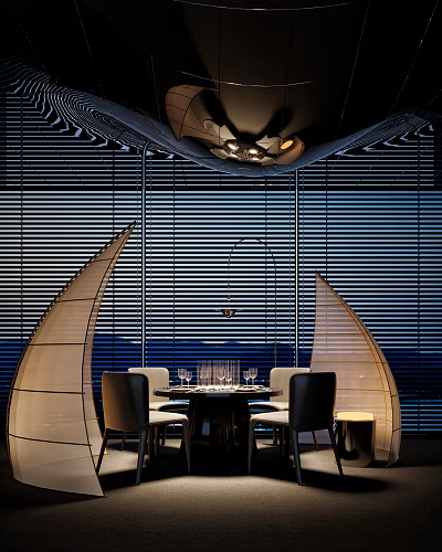 Modern Restaurant Interior With Window Blinds Dining Table Chairs Wine Glasses And Pendant Light 3d model