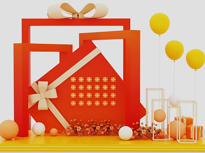 Interactive Zone With Red Gift Box White Bow Yellow Balloons And Decorations 3d model