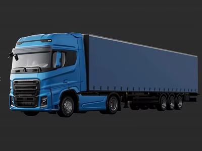Blue Heavy Duty Functional Truck With Long Cargo Trailer And Multiple Wheels For Transportation 3d model