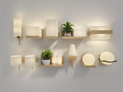 Modern Wall Lamps In Various Designs With Wooden Shelves And Green Plants 3d model