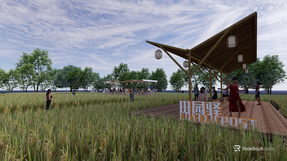 Beautiful Pastoral Scenery With Lush Rice Field Bamboo Shelter People Walking And Clear Blue Sky 3d model 