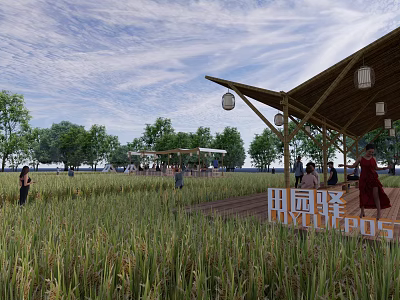 Beautiful Pastoral Scenery With Lush Rice Field Bamboo Shelter People Walking And Clear Blue Sky 3d model