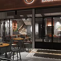 Modern Cafe Interior With Wooden Counter Orange Stools And Pendant Lights