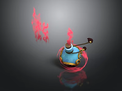 Ornamental Blue Pot With Red Flames Gold Base And Small Handle 3D Render 3d model