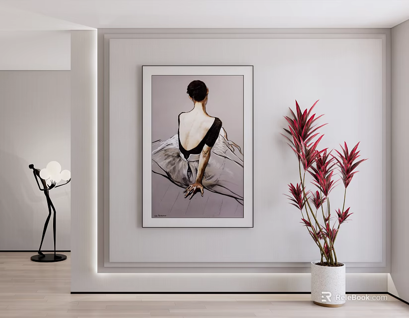Modern Female Back Portrait In White Wall Interior With Red Plant And Floor Lamp 3d model 