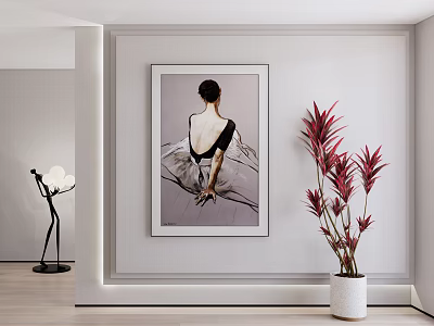 Modern Female Back Portrait In White Wall Interior With Red Plant And Floor Lamp 3d model
