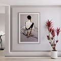 Modern Female Back Portrait In White Wall Interior With Red Plant And Floor Lamp