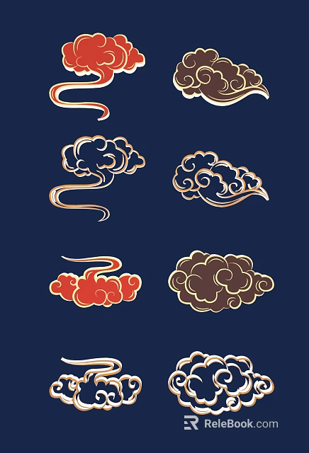 Traditional Cloud Carvings in Gold Red Brown Hues on Navy Blue Background With Smooth Lines 3d model 