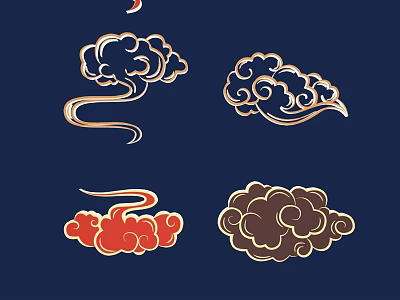 Traditional Cloud Carvings in Gold Red Brown Hues on Navy Blue Background With Smooth Lines 3d model