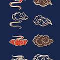 Traditional Cloud Carvings in Gold Red Brown Hues on Navy Blue Background With Smooth Lines