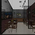 Modern Restaurant Interior With Brick Wall Wooden Planters Lantern Style Lights And Dining Tables Chairs