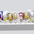 Refreshing Assorted Beverage Cans and Bottles on Tray with Ice Cubes