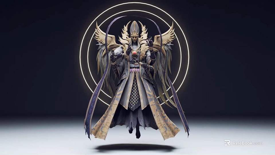 Mythical Divine Character With Angelic Wings Circular Halo And Ornate Long Robe 3d model 