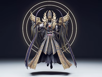 Mythical Divine Character With Angelic Wings Circular Halo And Ornate Long Robe 3d model