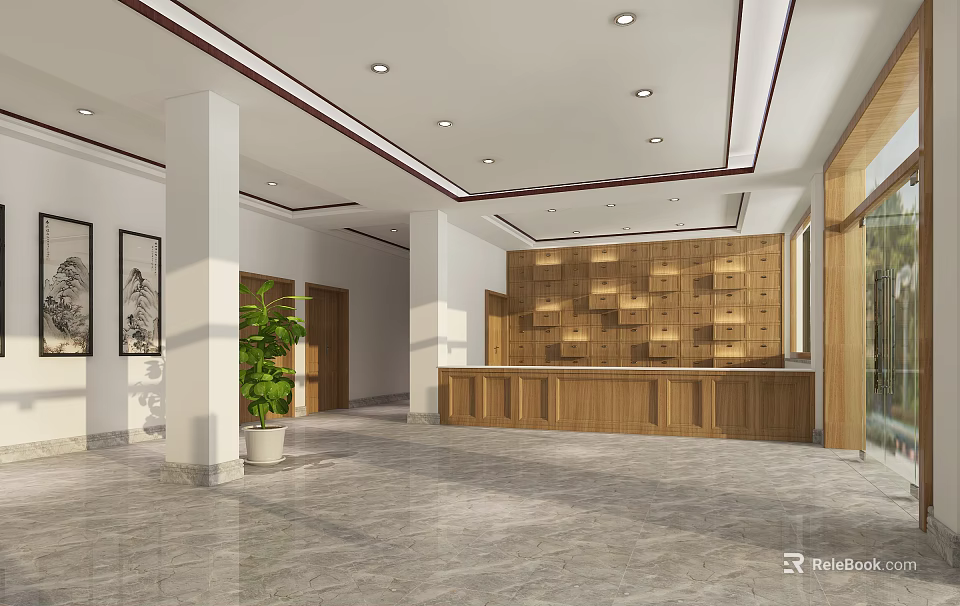 Spacious Lobby Interior Featuring Wooden Reception Desk Decorative Paintings Green Plant And Marble Floor 3d model 