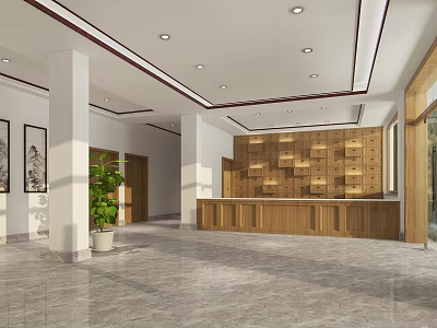 Spacious Lobby Interior Featuring Wooden Reception Desk Decorative Paintings Green Plant And Marble Floor 3d model