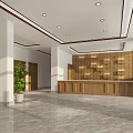Spacious Lobby Interior Featuring Wooden Reception Desk Decorative Paintings Green Plant And Marble Floor
