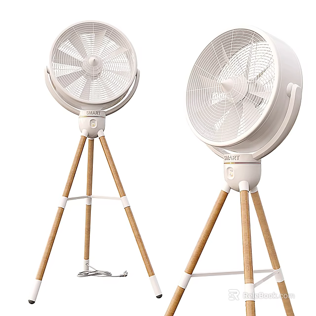 Modern White Cooling Fans with Wooden Tripod Base for Home Use 3d model 