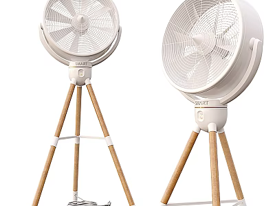 Modern White Cooling Fans with Wooden Tripod Base for Home Use 3d model