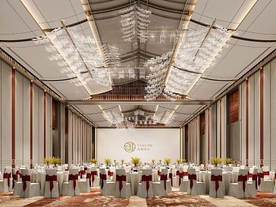 Luxurious Banquet Hall Interior With Crystal Chandeliers Arranged Tables Red Chair Covers And White Tablecloths 3d model