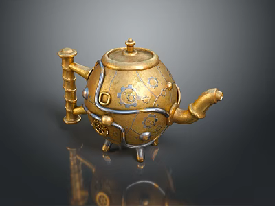 Golden Decorative Teapot With Intricate Patterns And Vintage Design Elements 3d model