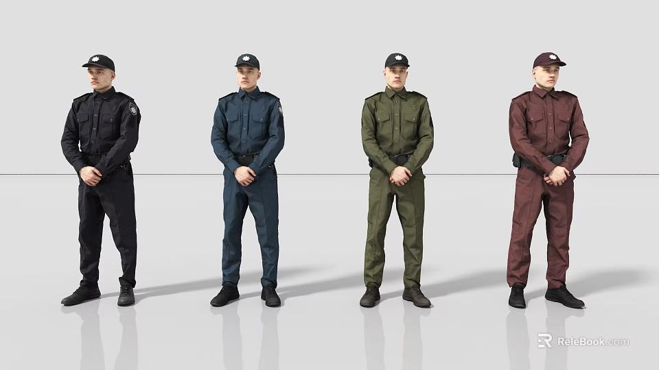 Men In Different Colored Uniforms Standing With Hands Clasped On Grey Background 3d model 