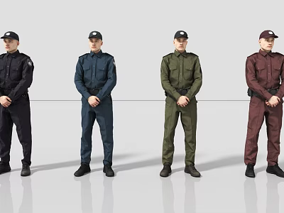 Men In Different Colored Uniforms Standing With Hands Clasped On Grey Background 3d model