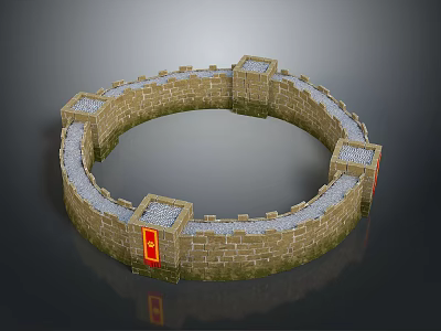 Circular Ancient City Wall Brick Structure With Battlements Red Flags And Yellow Emblems 3d model