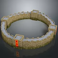 Circular Ancient City Wall Brick Structure With Battlements Red Flags And Yellow Emblems