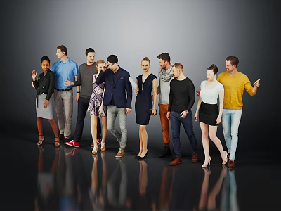 Diverse Group of People Standing Together in Modern Stylish Casual Outfits 3d model