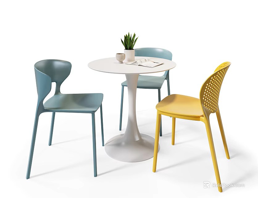 Modern Round Table and Chair Set with Blue Yellow Chairs White Cup and Potted Plant 3d model 