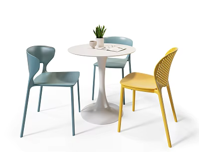 Modern Round Table and Chair Set with Blue Yellow Chairs White Cup and Potted Plant 3d model