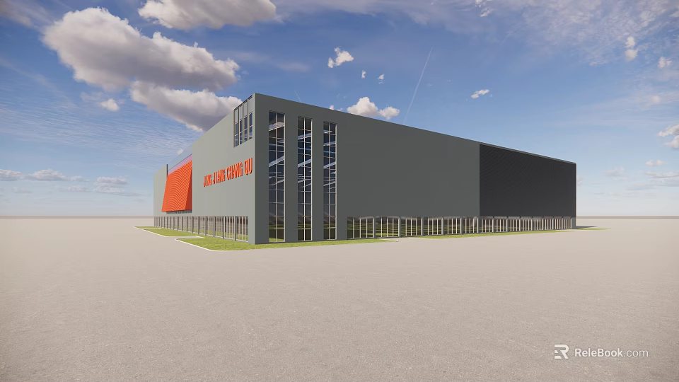 Modern Industrial Factory Building With Gray Exterior Large Glass Windows And Red Signage 3d model 