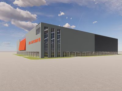 Modern Industrial Factory Building With Gray Exterior Large Glass Windows And Red Signage 3d model