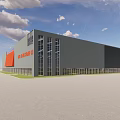 Modern Industrial Factory Building With Gray Exterior Large Glass Windows And Red Signage