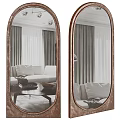 Oval Mirrors With Wooden Frame Reflecting Living Room Sofa And Curtains