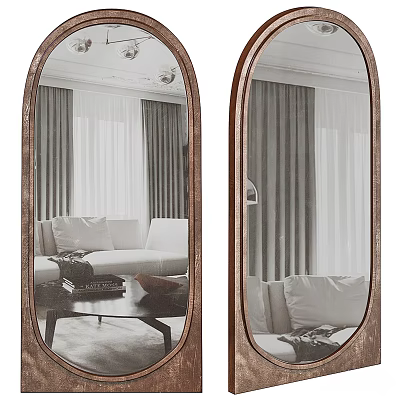Oval Mirrors With Wooden Frame Reflecting Living Room Sofa And Curtains 3d model