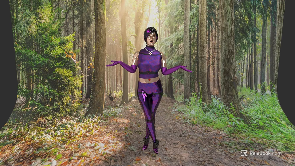 Woman In Purple Outfit Standing With Open Arms In Sunlit Forest Path 3d model 