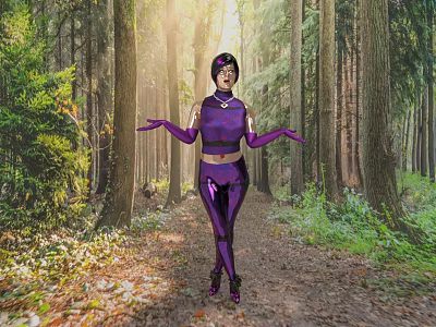 Woman In Purple Outfit Standing With Open Arms In Sunlit Forest Path 3d model