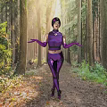 Woman In Purple Outfit Standing With Open Arms In Sunlit Forest Path