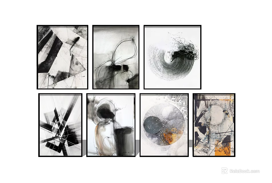 Modern Abstract Paintings Wall Art With Black White Orange Geometric Fluid Patterns 3d model 