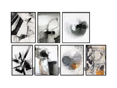 Modern Abstract Paintings Wall Art With Black White Orange Geometric Fluid Patterns 3d model