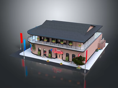 Two Story Hotel Building Featuring Black Roof Arched Windows Front Signboard Flags And Plants 3d model