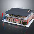 Two Story Hotel Building Featuring Black Roof Arched Windows Front Signboard Flags And Plants