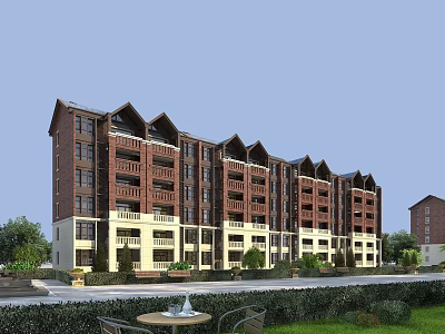 Multi story Residential Building Featuring Red Brick Beige Facade Sloped Roof And Landscaped Garden 3d model