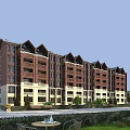 Multi story Residential Building Featuring Red Brick Beige Facade Sloped Roof And Landscaped Garden