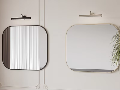 Two Stylish Mirrors With Black And Gold Frames Mounted On Light Wall And Green Plant 3d model